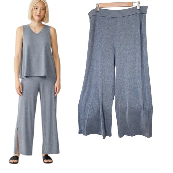EILEEN FISHER JERSEY KNIT HEATHER BLUE GRAY ANKLE STRAIGHT LEG PANTS LARGE NWT - Picture 2 of 5